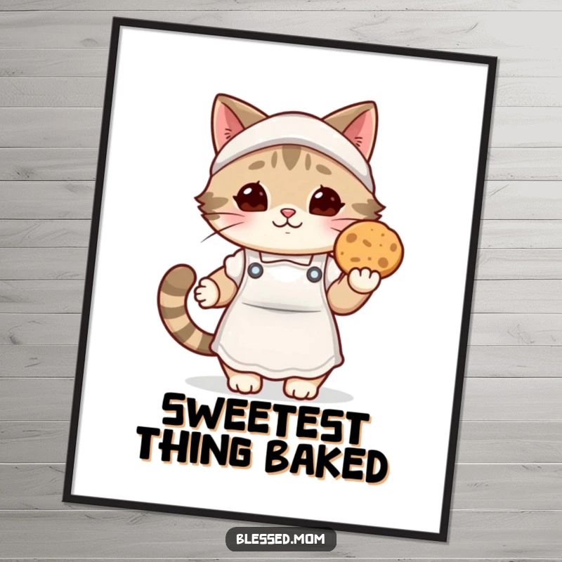 Funny kawaii cat mom poster, a sweet illustration of a cat mom in a cozy apron holding out a warm cookie, perfect for kitchens.