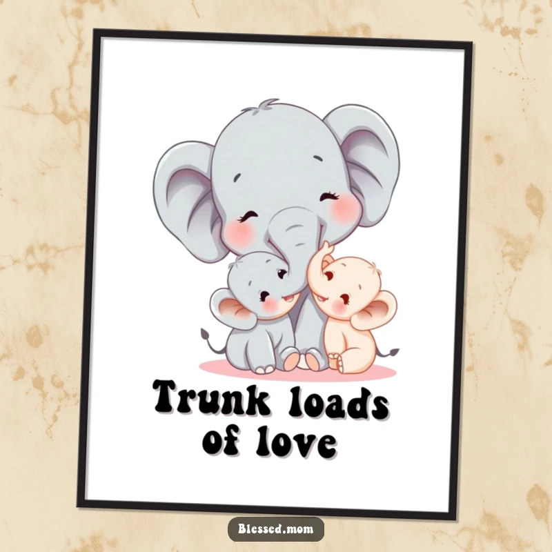 Funny elephant mom joyfully tickling her baby with her trunk, beautifully illustrated as a poster, evoking playful maternal love and happiness.
