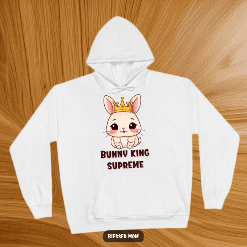 Funny rabbit hoodie featuring a content rabbit wearing a small crown, offering cozy comfort and royal vibes.