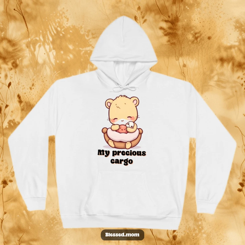 Funny Hoodie showing a gentle animal rocking a miniature cradled object, perfect for cozy comfort and heartwarming feelings.