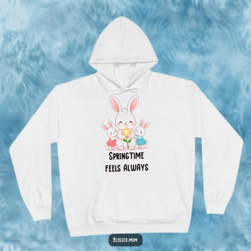Funny kawaii bunny mom giving sparkling flowers to her children on a cozy hoodie, a comforting gift.