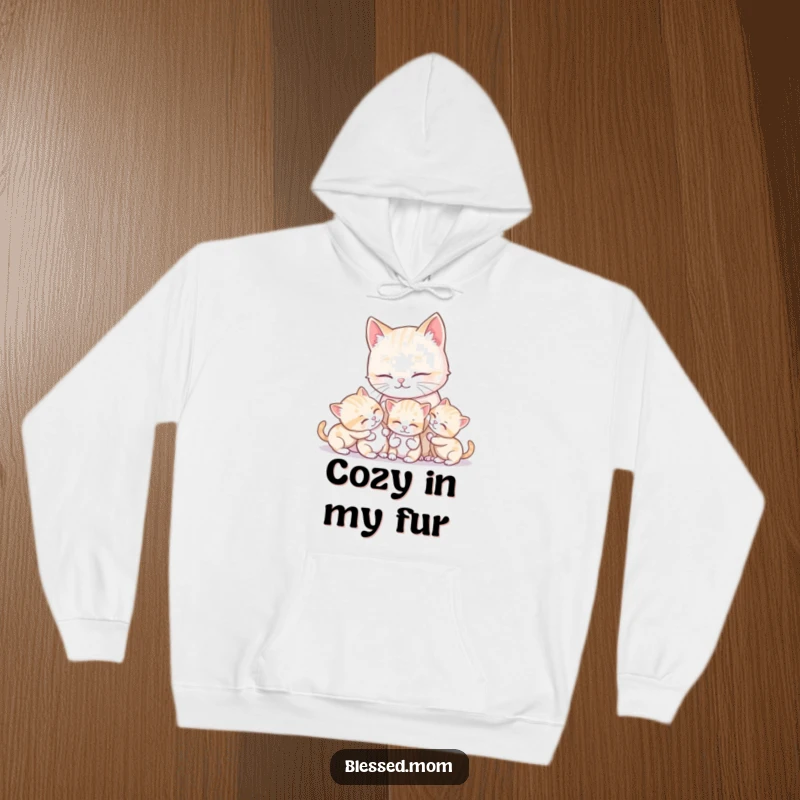 Funny kawaii mother cat tends to her playful kittens, a sweet and heartwarming image perfect for this cozy, humorous hoodie.