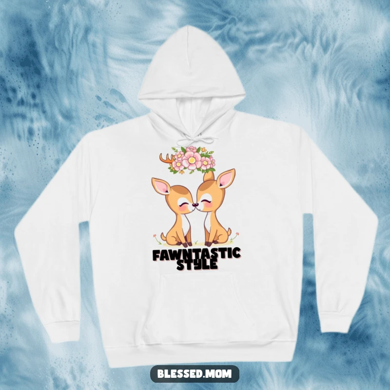 This kawaii deer mom hoodie features a deer lovingly looking at a flower crown, exuding peacefulness and natural beauty.