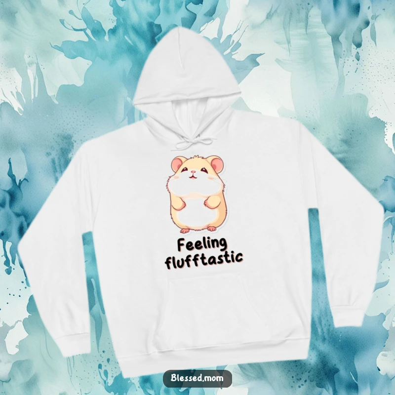 Funny hamster hoodie featuring a fluffy hamster with a gentle smile looking upward, offering cozy comfort and sweetness.
