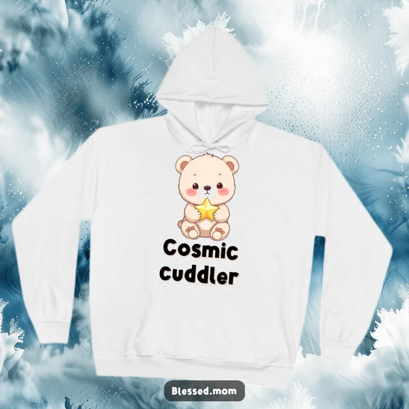 Funny Bear Cub Hoodie: A cute cub cuddles a tiny, shimmering star, offering warmth and wonder. Ideal for a funny, cozy gift.