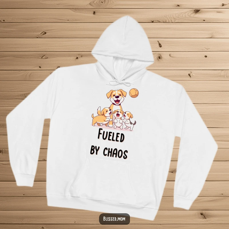 Funny Hoodie: A loving dog mom tosses a ball, her energetic puppies eagerly chasing it in a fun game.