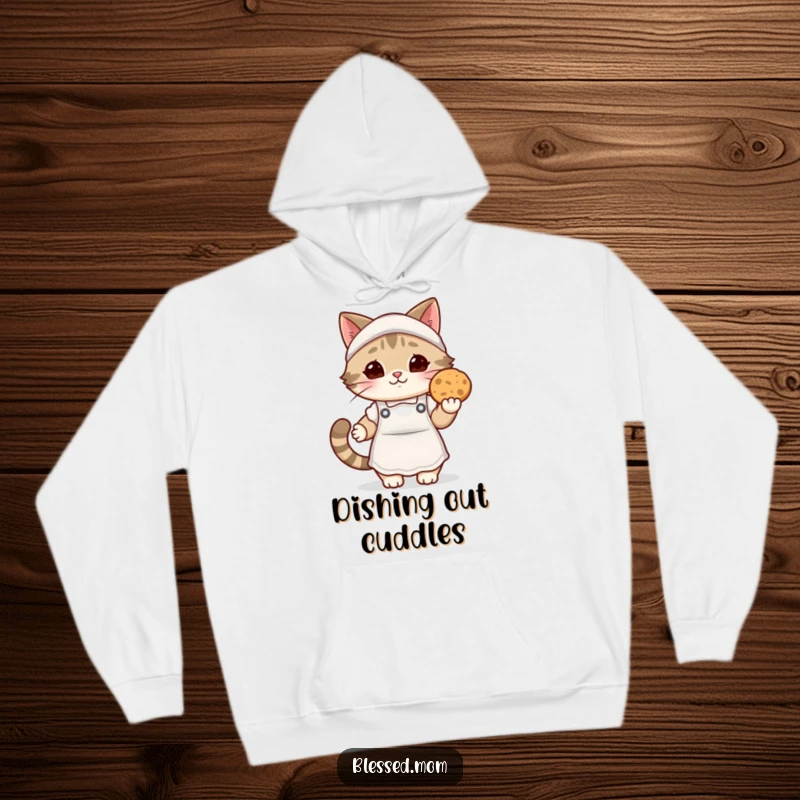 Funny kawaii cat mom hoodie, featuring a cute cat mom in a cozy apron offering a delicious warm cookie, perfect for comfort.