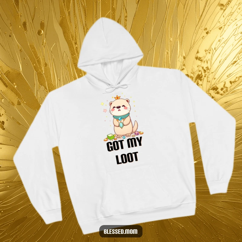 Funny Kawaii Otter Mom Hoodie: Adorable otter mom balancing shiny treasures, offering cozy warmth and a touch of playful collecting.
