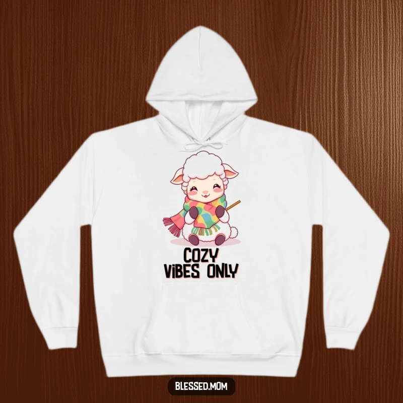Funny Kawaii Sheep Mom Hoodie: Smiling sheep mom engrossed in knitting, offering warmth and humor, a delightful gift for knitters.