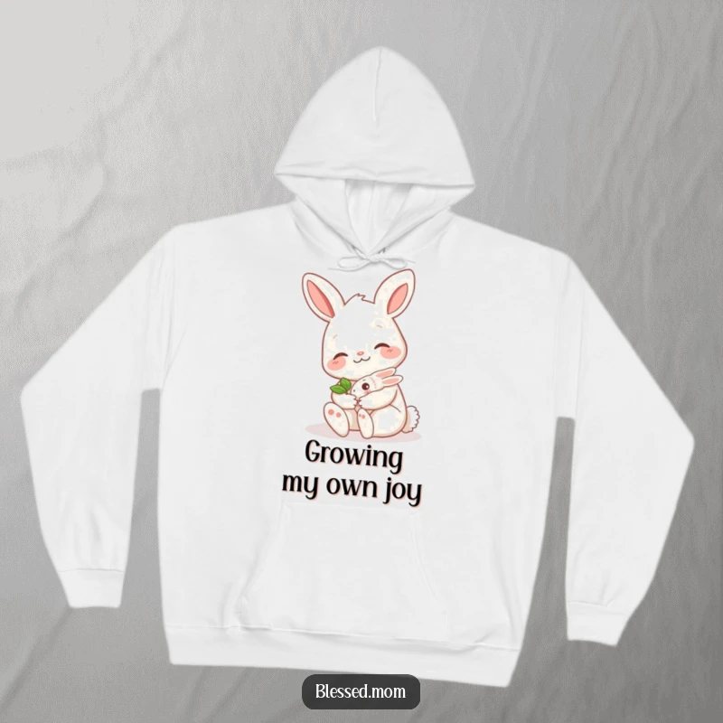 Funny bunny mom hoodie, showing a sweet mama hare gently holding a delicate baby sprout, perfect for cozy comfort and humorous gifting.