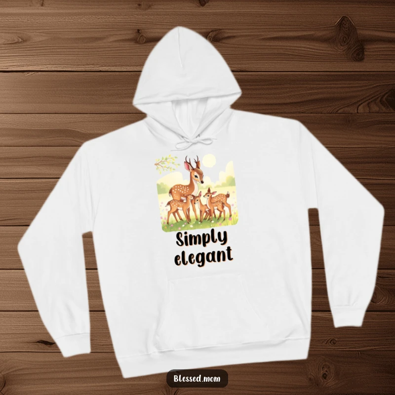 Funny Hoodie: A graceful deer mom shows affection to her fawns in a sunlit meadow.