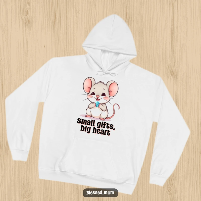 Funny mouse hoodie featuring a cheerful mouse offering a tiny, sparkling jewel, providing cozy comfort and charm.
