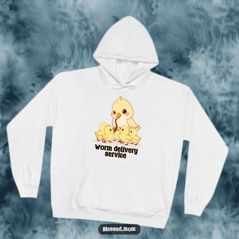 Funny Mama Bird hoodie shows a cute bird feeding a worm to hungry chicks, symbolizing warmth and maternal love.