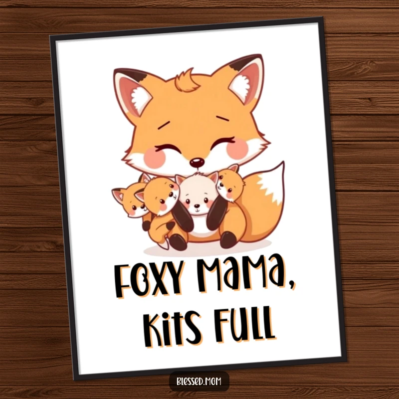 Funny Free Printable Fox Wall Art: Kawaii mama fox playfully carrying her kits in her mouth, showing maternal love.