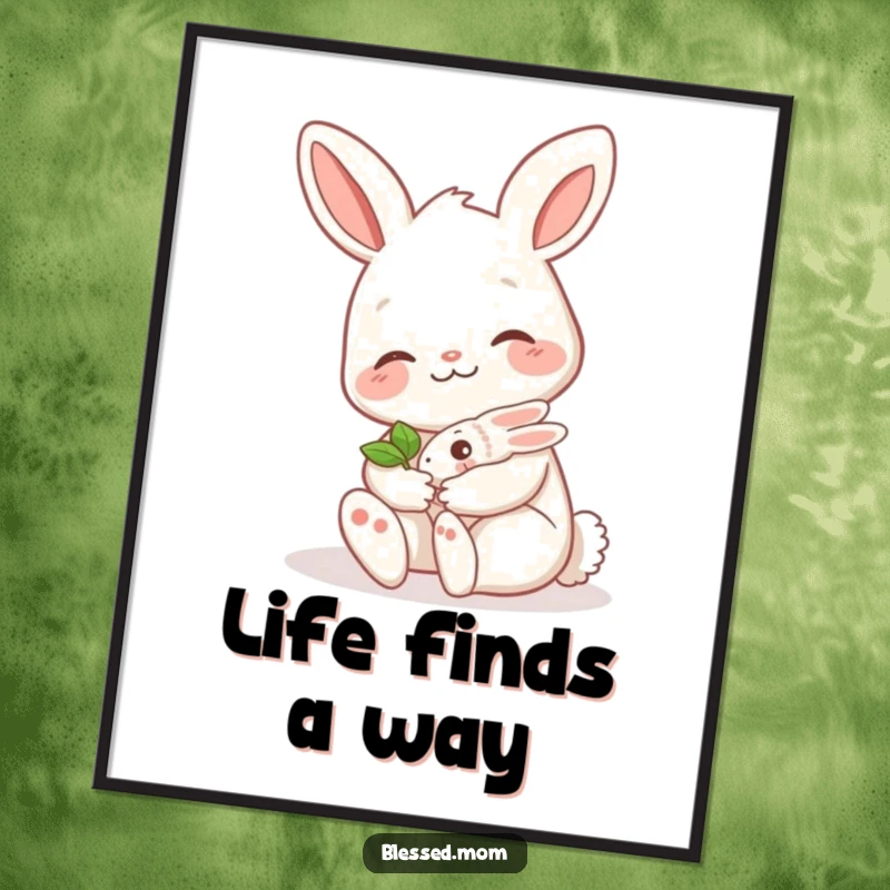 Funny Free Printable bunny mom with a gentle smile cradling a tiny green sprout, perfect for nursery wall art.