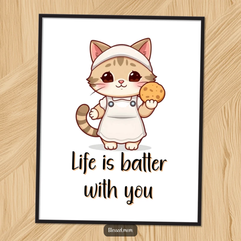 Funny Free Printable kawaii cat mom in a cozy apron holding a warm cookie, perfect for wall art.