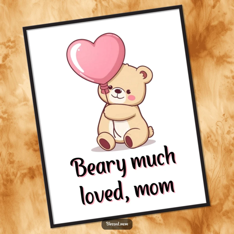 Funny Free Printable Kawaii Bear Mom hugging a large heart balloon, ideal for cute wall art.