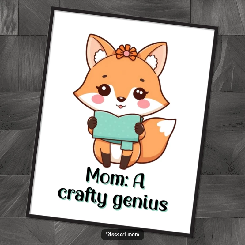 Funny Free Printable Kawaii Fox Mom proudly displaying a handmade craft, wonderful for wall art.