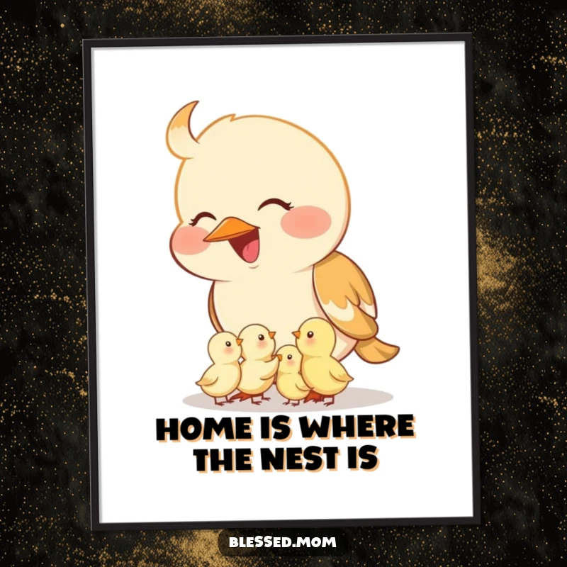 Funny Free Printable smiling mama bird feeding tiny chicks from her beak, perfect for wall art.