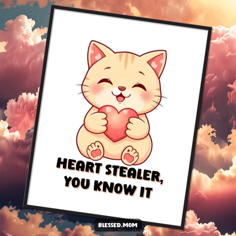 Funny Free Printable Wall Art: A smiling cat tenderly cradling a small, glowing heart, perfect for a loving atmosphere.