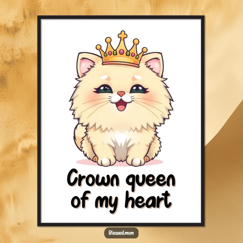 Funny free printable wall art of a fluffy cat wearing a tiny crown, looking proud and ready to reign over your decor.