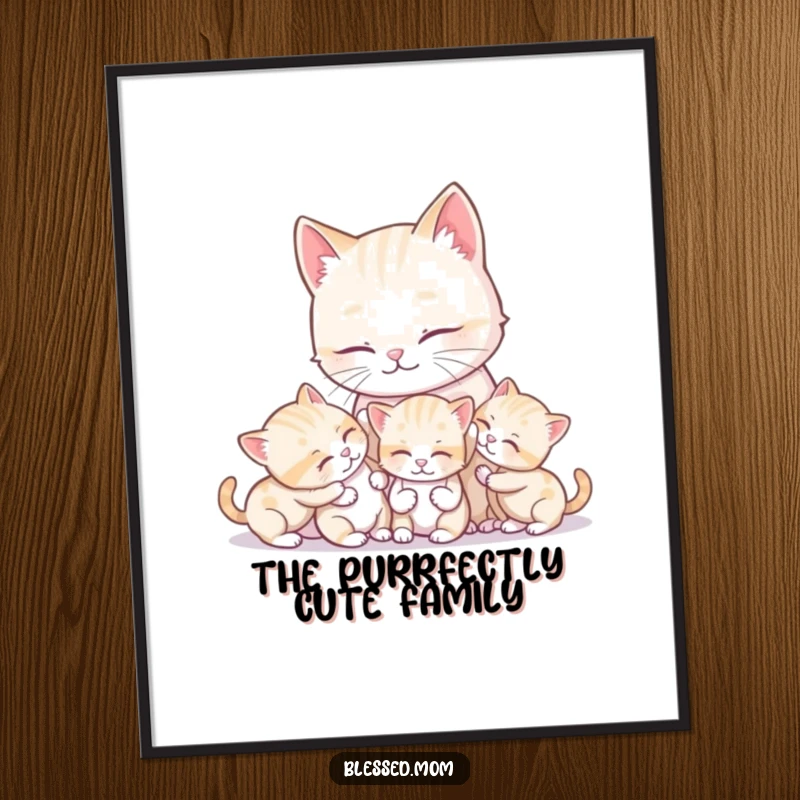 Funny Free Printable Wall Art: A kawaii cat mother tenderly grooming her playful kittens, radiating love and warmth.