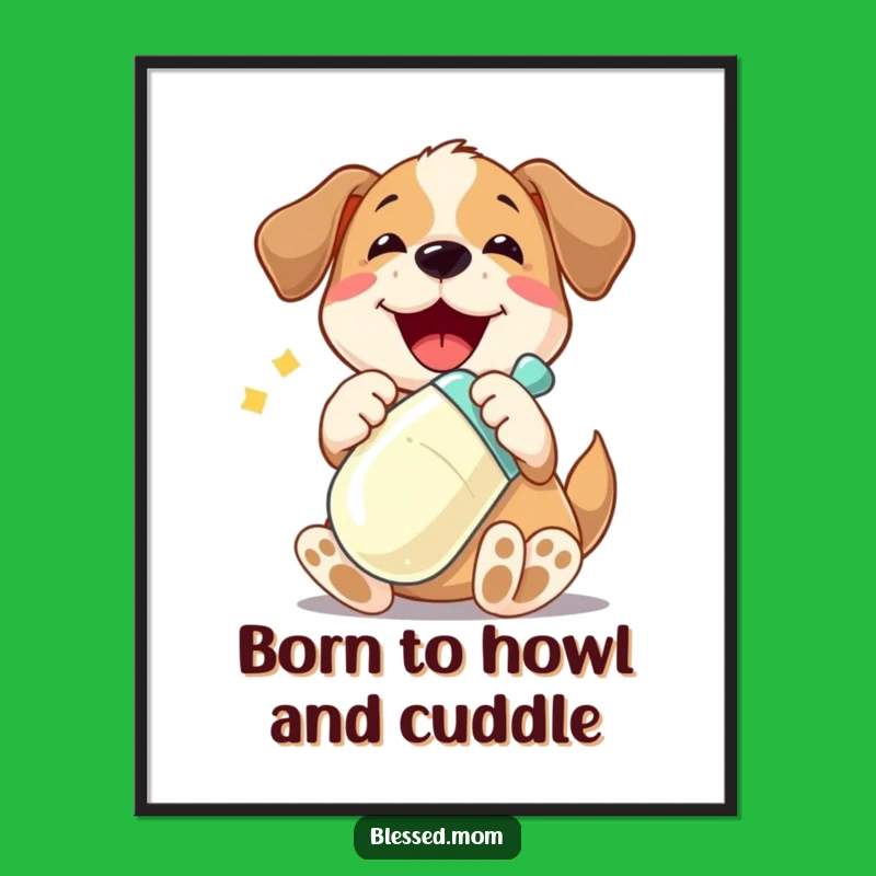 Free Printable Wall Art: Playful Dog Baby Bottle - Funny Downloadable Decor