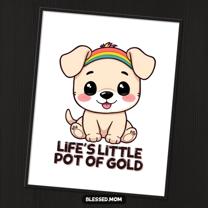 Funny Free Printable Wall Art: A happy puppy with a small, vibrant rainbow balanced on its head, full of cheer.