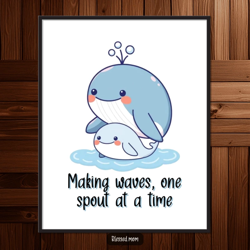 Funny Free Printable Wall Art: Kawaii mother whale joyfully spouting water over her happy calf in a heartwarming scene.