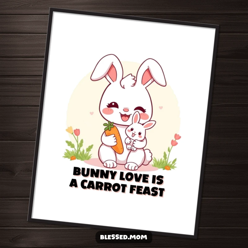 Free printable wall art featuring a cheerful bunny mom holding a baby bunny and offering a carrot.