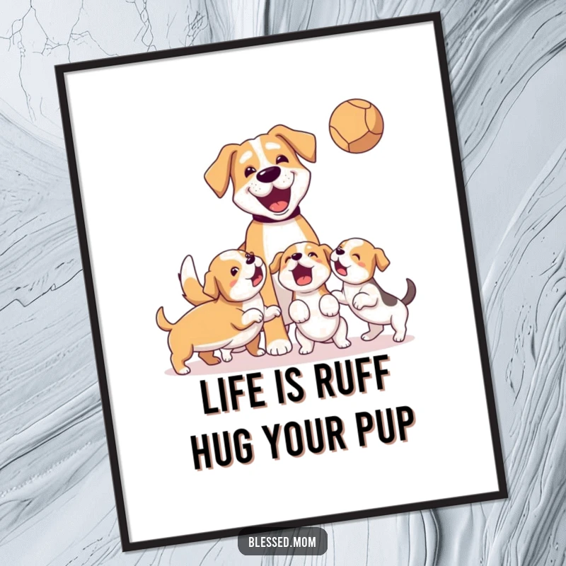 Funny Free Printable Wall Art: Dog mom tossing ball for energetic puppies, capturing pure joyful chaos. Perfect downloadable art.