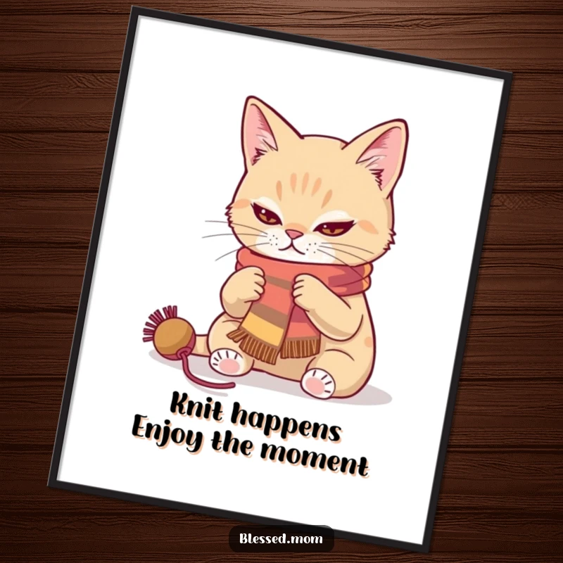 Funny free printable wall art of a determined cat knitting a colorful scarf with focus.