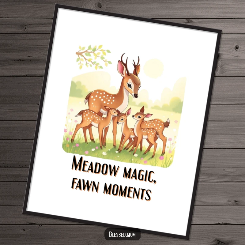 Free Printable Wall Art: Graceful deer mom nuzzling fawns in a sun-dappled meadow, capturing gentle nature's beauty. Downloadable decor.