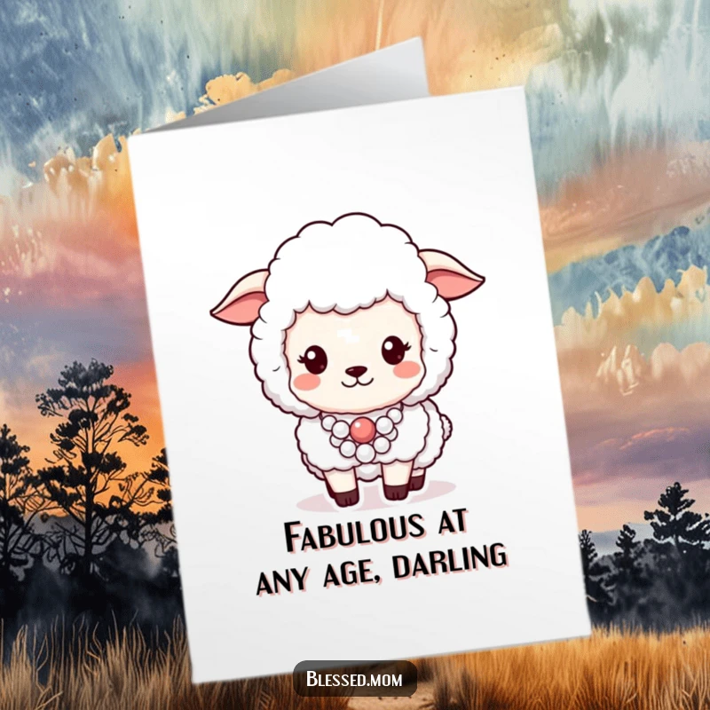 Funny Free Printable Birthday Card: A fluffy sheep exuding pride while wearing a sophisticated pearl necklace, ready for a party.