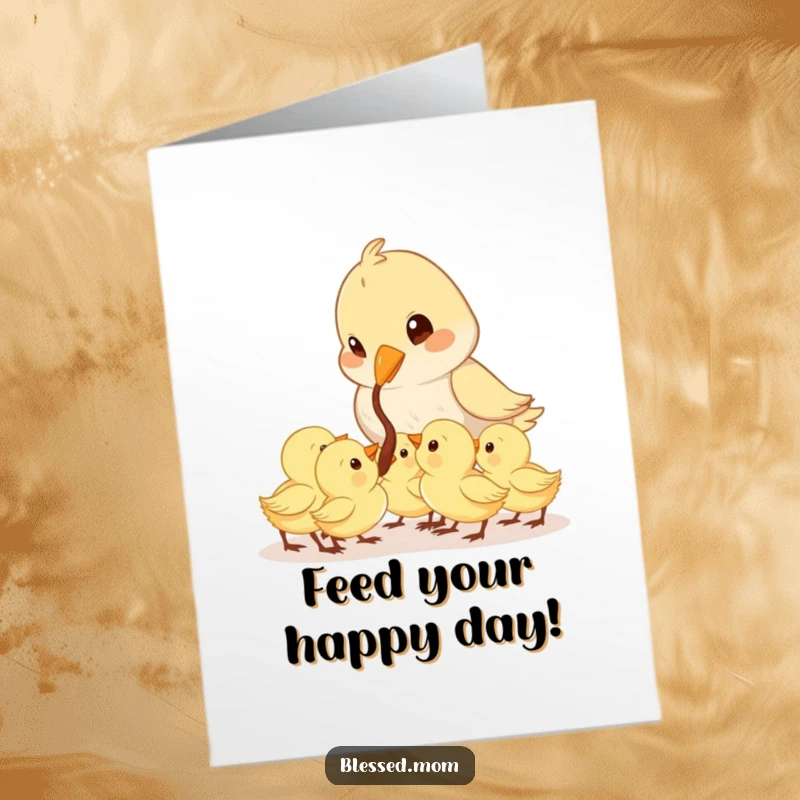 Funny Free Printable Bird Birthday Card: Kawaii mama bird feeding a worm to hungry chicks, celebrating a birthday.
