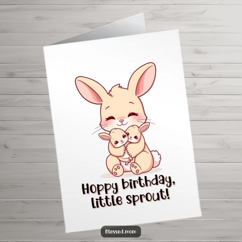 Funny Free Printable Birthday Card: Bunny Mom Lovingly Embracing Her Tiny Baby Bunny for a Birthday Wish