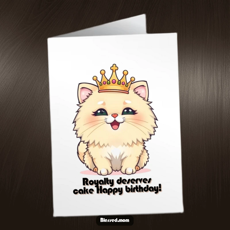Funny free printable birthday card featuring a fluffy cat wearing a tiny crown, beaming with pride and ready to rule the celebration.