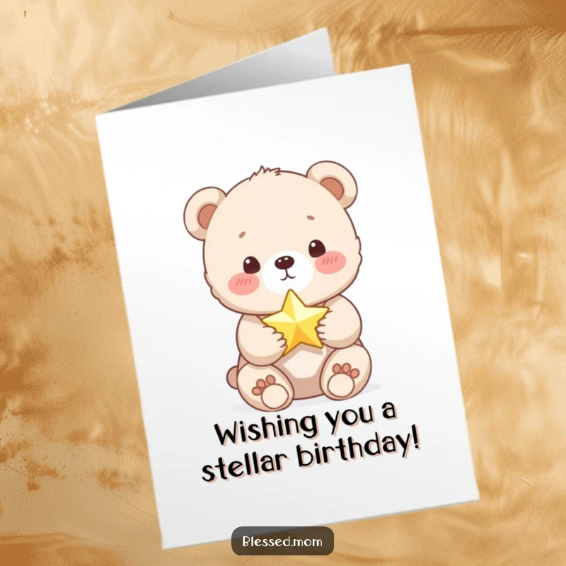 Funny Free Printable Birthday Card: Cute bear cub gleefully holding a tiny shimmering star, ready to spread cheer.