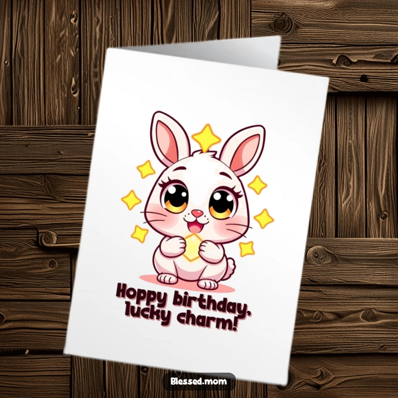 Funny free printable birthday card featuring a cheerful rabbit with wide eyes, holding a glowing charm for good luck.