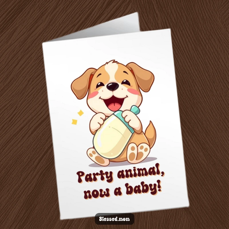 Funny free printable birthday card featuring a playful dog clutching a shiny baby bottle, ready for a birthday treat.