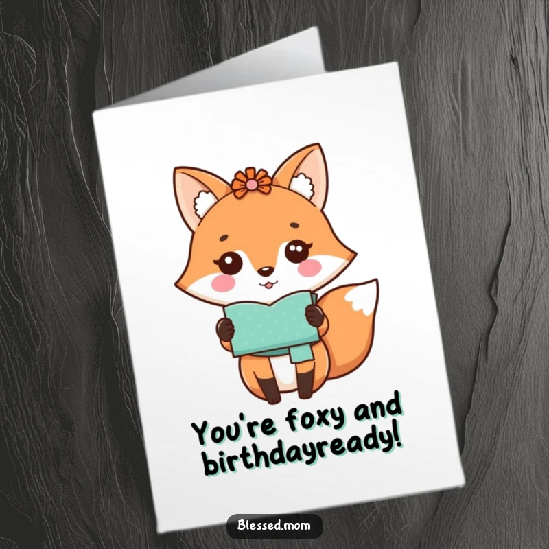 Funny Free Printable Kawaii Fox Mom proudly showing off a handmade craft for a birthday card.