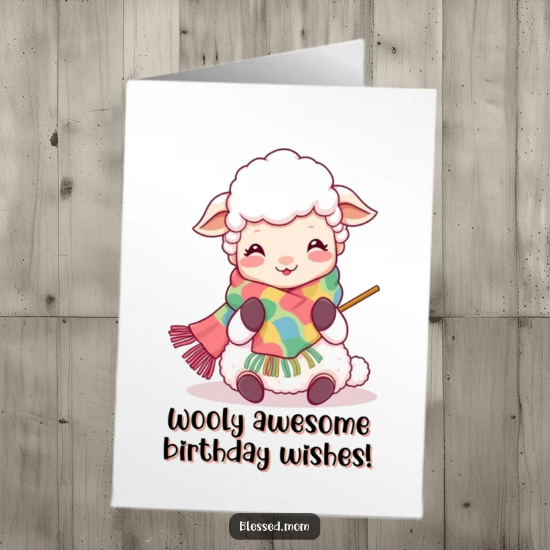 Funny Free Printable Birthday Card: Kawaii sheep mom joyfully knitting a vibrant scarf, perfect for a DIY gift.