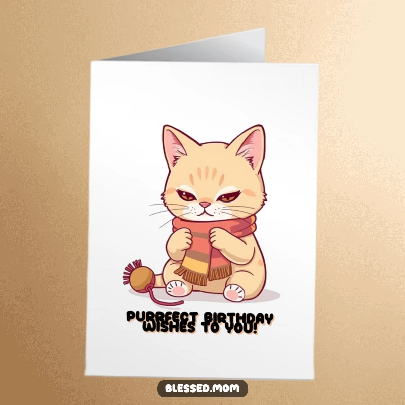Funny free printable birthday card featuring a determined cat knitting a colorful scarf.