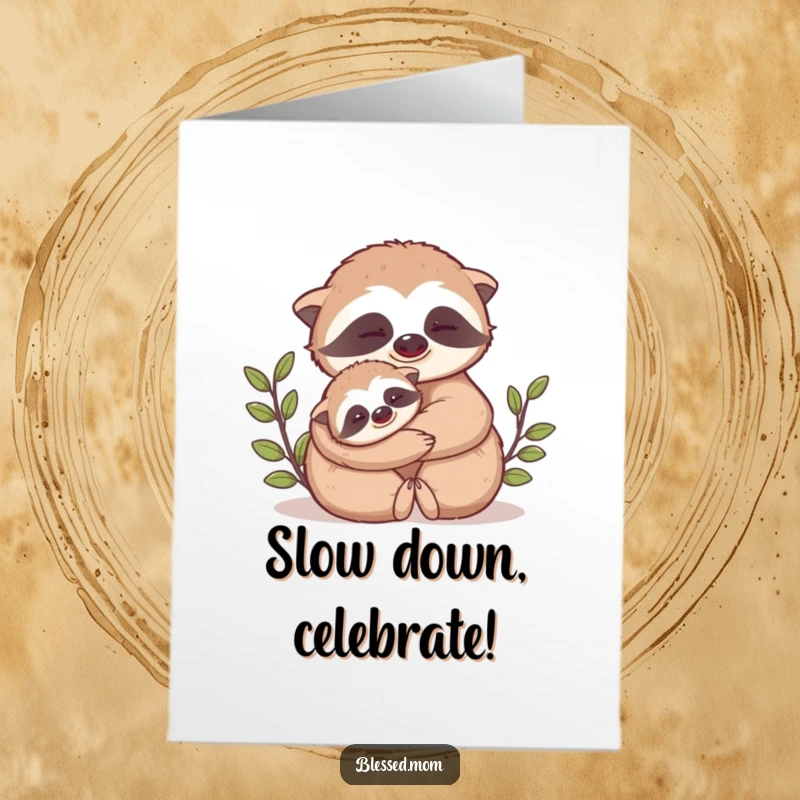 Funny Free Printable Sloth Birthday Card: Kawaii mama sloth hugging her baby sloth, sending birthday wishes.