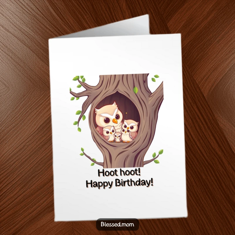 Free Printable Birthday Card: Wise owl mom hooting softly to owlets in a cozy tree hollow, celebrating your day. A thoughtful gift.