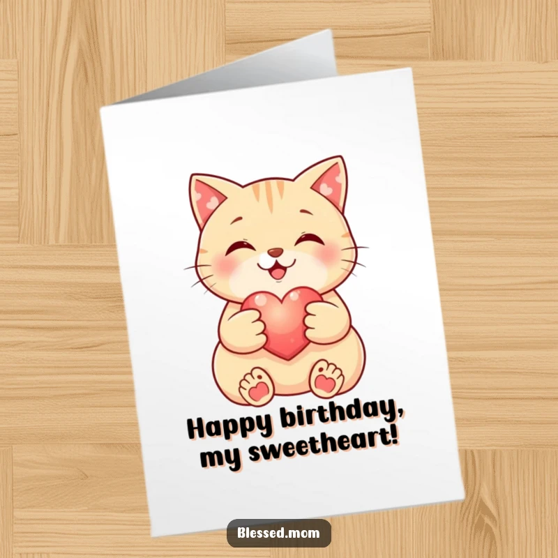 Funny Free Printable Birthday Card: A smiling cat gently cradling a small, glowing heart, radiating love.
