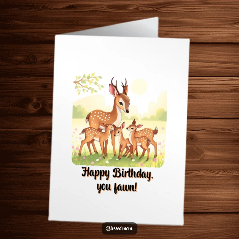 Free Printable Birthday Card: Graceful deer mom nuzzling fawns in a sun-dappled meadow, celebrating your special day. A lovely gift.