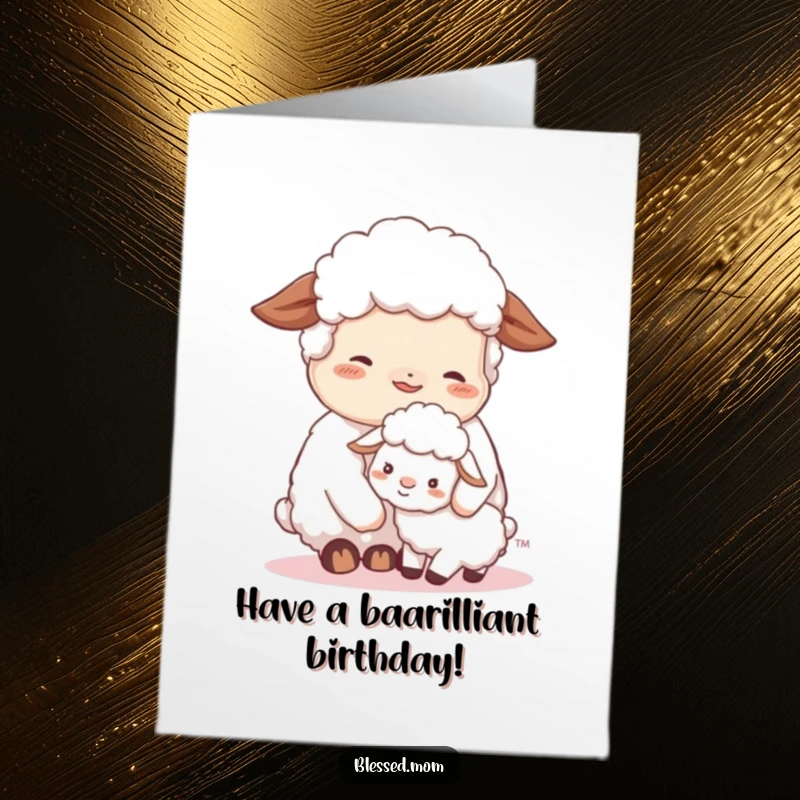 Cute Free Printable Birthday Card: Contented sheep mom nuzzles her fluffy lamb, radiating birthday warmth and love.