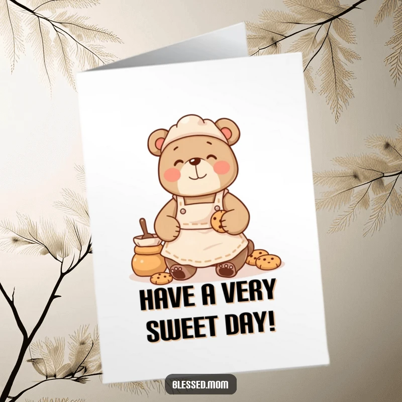 Funny Free Printable Birthday Card: Bear Mom in Apron Happily Baking Cookies for a Birthday Celebration