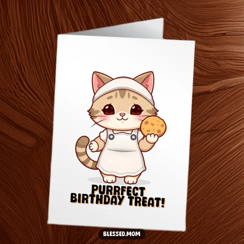Funny Free Printable kawaii cat mom in a cozy apron handing out a warm cookie for a birthday card.